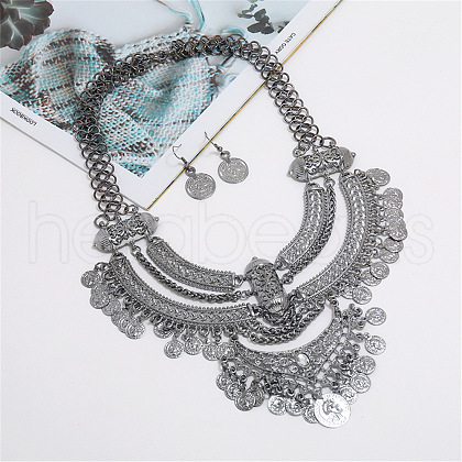Alloy Coin Tassel Bib Necklaces & Dangle Earrings Sets FS-WG2BAC6-03-1