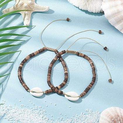Summer Beach Natural Shell and Coconut Heishi Beaded Adjustable Anklets for Women AJEW-AN00648-1