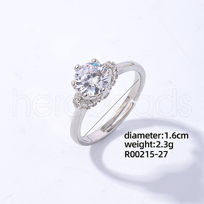 Mother's Day Rings Flat Round Platinum Brass Adjustable Ring with Cubic Zirconia EG7863-21-1