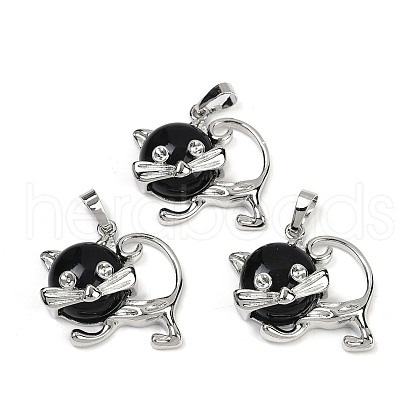 Natural Obsidian Kitten Pendants G-J386-C17-14-1