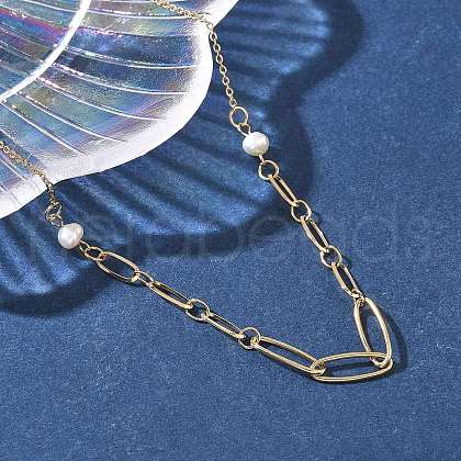 304 Stainless Steel & Glass Pearl Oval Link Chain Necklaces for Women NJEW-A045-04G-1-1