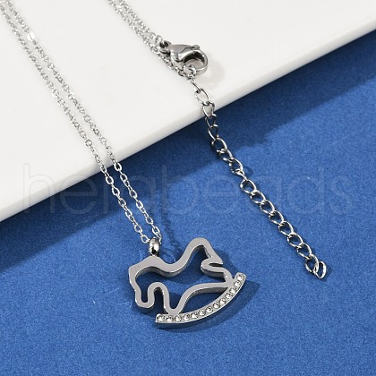 304 Stainless Steel Crystal Rhinestone Rocking Horse Pendant Necklaces for Women NJEW-F339-02P-1