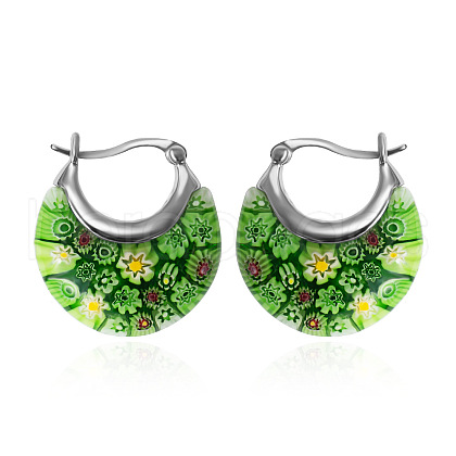 Flat Round 304 Stainless Steel Millefiori Glass Hoop Earrings FS-WG56358-03-1