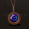 Flat Round with Twelve Constellations Blue Glass & Wood Pendant Waxed Leather Cord Necklace for Women Men WG486C3-12-1