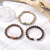 3Pcs Natural African Padauk Wood & Sandalwood & Wood & Striped Agate & Green Aventurine & Quartz Crystal Round Beaded Stretch Bracelets for Women BJEW-JB11929-1