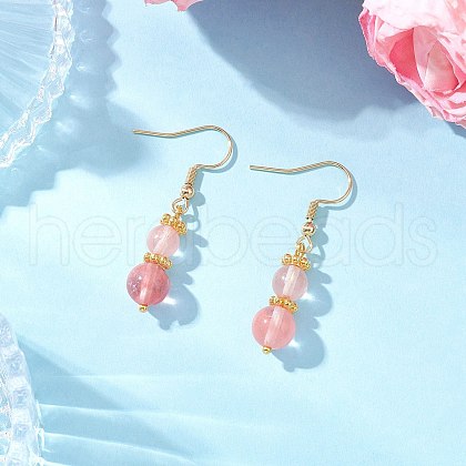 Round Cherry Quartz Glass Dangle Earrings EJEW-JE06467-1