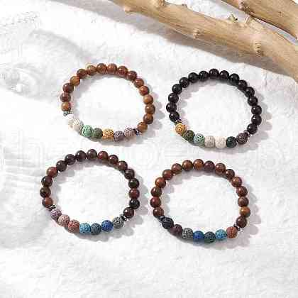 4Pcs Dyed Natural Lava Rock & Wood  Round Beads Stretch Bracelets BJEW-JB11886-1