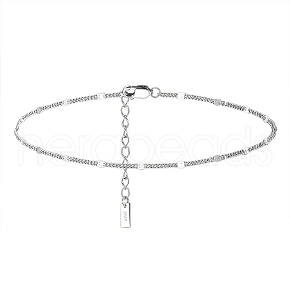 Rhodium Plated 925 Sterling Silver Curb Chain Anklet with Rectangle Charm AJEW-F162-001P-1