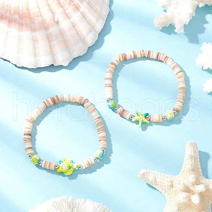 Sea Turtles and Starfish Natural Freshwater Shell Beads Bracelets BJEW-55.0-03-1
