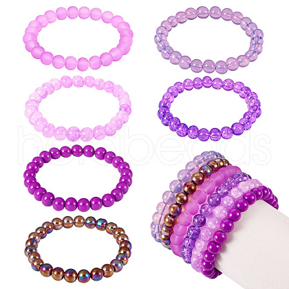 6Pcs 6 Styles 8mm Glass Round Beaded Stretch Bracelet Sets BJEW-TAC0022-1