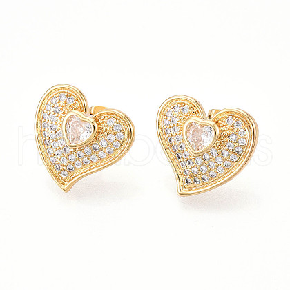 Heart Brass Pave Clear Cubic Zirconia Stud Earrings EJEW-M258-32G-1