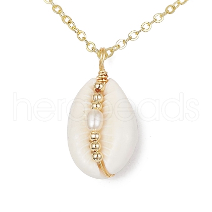 Natural Shell Pendant Necklace with Brass Cable Chains NJEW-JN04472-1