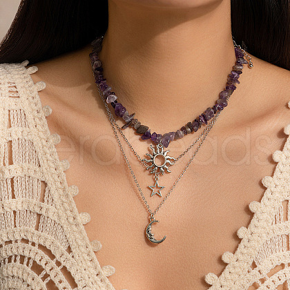 Natural Amethyst Chip Beaded Alloy Iron Sun Moon Star Pendant 3 Layer Necklaces for Women FS-WG2BF2E-06-1