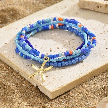 Multilayer Glass Seed Beads Starfish Pendant Anklet for Women PW-WG7288D-04-1