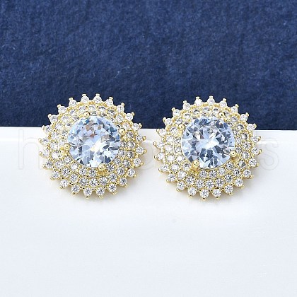 Brass Micro Pave Clear Cubic Zirconia Stud Earrings for Women EJEW-F363-05G-1