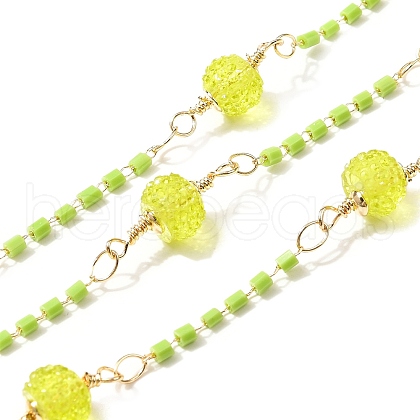 Brass Hexagonal Column Glass Seaded Beaded & Resin Round Beaded Link Chains CHC-G026-01G-1