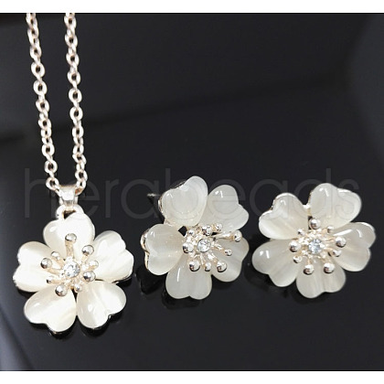 Flower Alloy Cat Eye Pendant Necklaces & Stud Earrings Sets FS-WGFC2E6-01-1