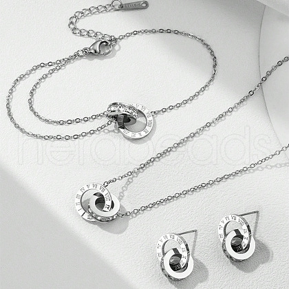 Double Ring with Roman Numerals 316 Surgical Stainless Steel Crystal Rhinestone Pendant Necklaces & Stud Dangle Earrings & Link Bracelets Sets FS-WG129E5-03-1