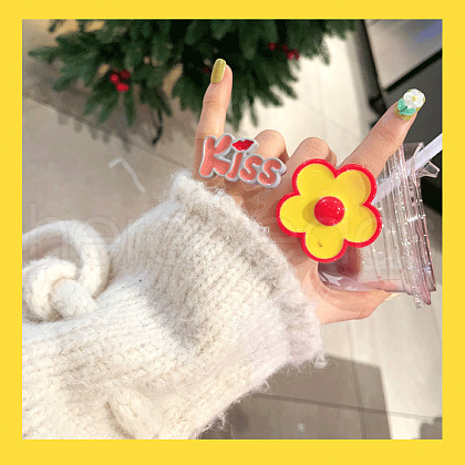 2Pcs Flower & Word Kiss Resin Enamel Finger Rings for Women Girls FS-WG6DDE5-05-1