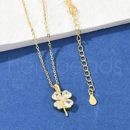 925 Sterling Silver Pave Clear Cubic Zirconia Clover Pendant Necklaces for Women NJEW-G168-01G-1
