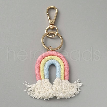 Macrame Weaving Rainbow Tassel Cotton Keychain with Alloy Findings KEYC-WH0036-26LG-03-1