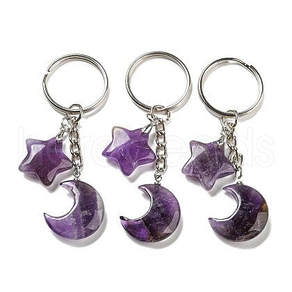 Reiki Natural Amethyst Moon & Star Pendant Keychains KEYC-P015-02P-02-1