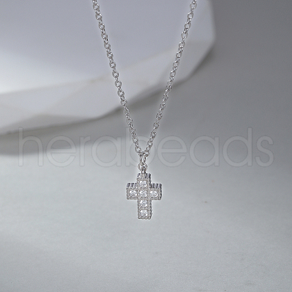 925 Sterling Silver Pave Clear Cubic Zirconia Cross Pendant Necklaces for Women's Daily Wear QN4812-1
