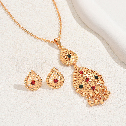 Simple and Stylish 18K Gold Plated Brass Rhinestones Teardrop Pendant Necklace & Stud Earrings Set for Women KJ3838-1