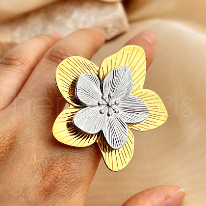 Flower 304 Stainless Steel Finger Rings RJEW-G339-02GP-1