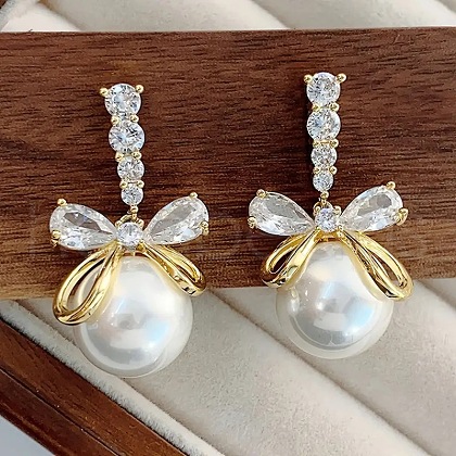 Bowknot with Round Alloy Micro Pave Clear Cubic Zirconia Dangle Stud Earrings FS-WG257E1-01-1