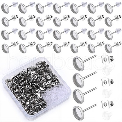SOFPLATE 100Pcs Flat Round Stainless Steel Stud Earring Settings STAS-SP0001-61A-P-1