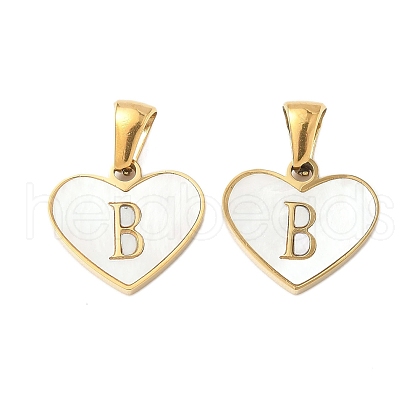 304 Stainless Steel Pave Natural White Shell Heart with Initial Slice Pendants STAS-R168-25G-B-1