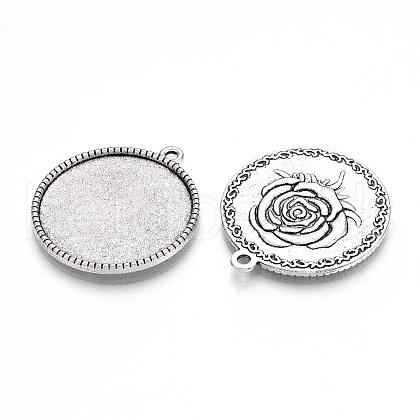 Tibetan Style Carved Rose Alloy Flat Round with Rose Pendant Cabochon Settings TIBEP-Q045-024AS-RS-1