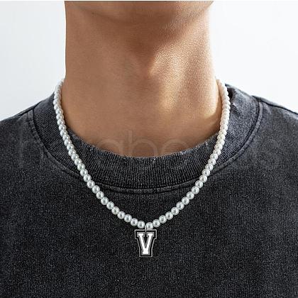 PVC Initial Pendant Plastic Pearl Round Beaded Necklaces for Women Men FS-WGA2226-07-1