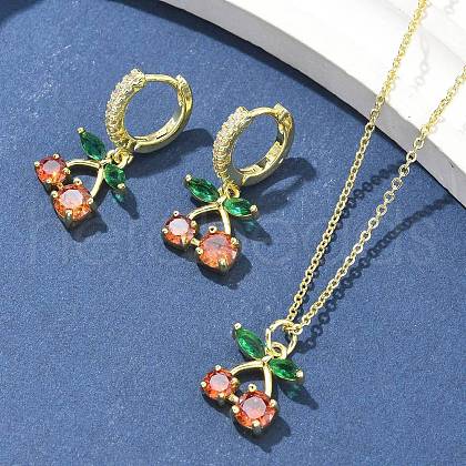 Cherry Brass Micro Pave Cubic Zirconia Hook Earrings &  Necklaces Sets SJEW-U004-01G-1