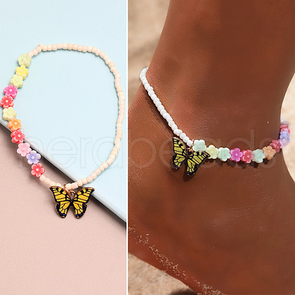 Alloy Butterfly Charm Glass Seed Beaded Stretch Anklets for Beach Party WG08358-03-1