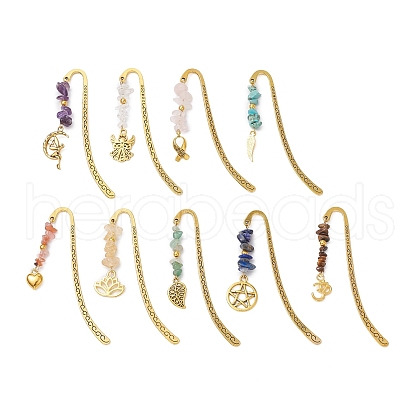 9Pcs Natural Mixed Gemstone Chips Beads and Alloy Pendant Bookmark AJEW-JK00348-1