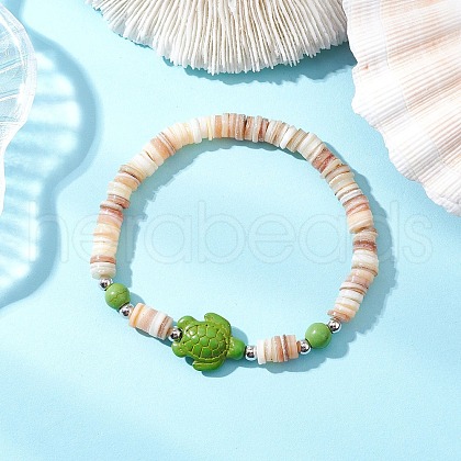 Tortoise Synthetic Turquoise with Natural Freshwater Shell Beads Stretch Bracelets for Men Women BJEW-JB11746-1