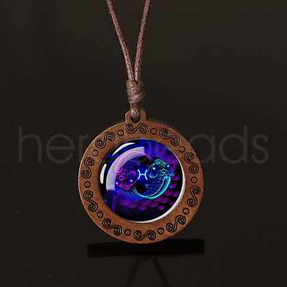 Flat Round with Twelve Constellations Blue Glass & Wood Pendant Waxed Leather Cord Necklace for Women Men WG486C3-12-1
