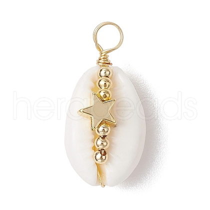 Natural Cowrie Shell Copper Wire Wrapped Pendants PALLOY-JF02932-03-1