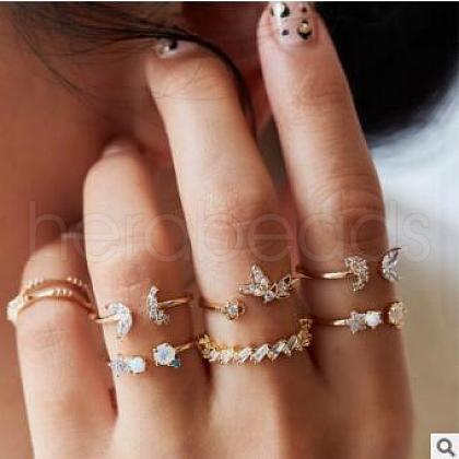 10Pcs Alloy with Crystal Rhinestone Finger Rings WG3531F-13-1
