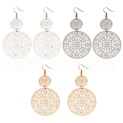 ANATTASOUL 3 Pairs 3 Colors Zinc Alloy Filigree Flower Dangle Earrings for Women EJEW-AN0002-63-1