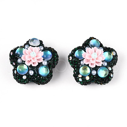 Flower Shape Polymer Clay Rhinestone Beads CLAY-U023-01G-1