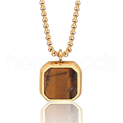 304 Stainless Steel Pave Natural Tiger Eye Square Pendant Necklaces FS-WG8D101-06-1