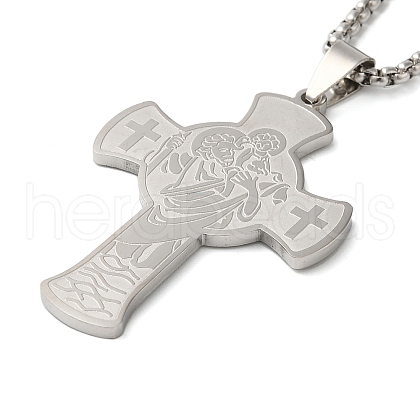 Non-Tarnish Saint Christopher Cross 304 Stainless Steel Box Chain Pendant Necklaces for Women and Men NJEW-F324-01P-1
