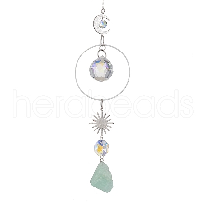 Nuggets Natural Green Fluorite & Glass Round Pendant Decorations HJEW-JM02123-02-1