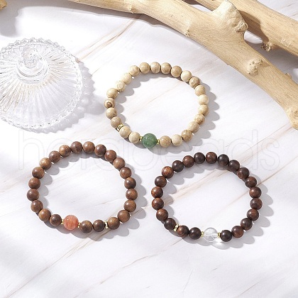 3Pcs Natural African Padauk Wood & Sandalwood & Wood & Striped Agate & Green Aventurine & Quartz Crystal Round Beaded Stretch Bracelets for Women BJEW-JB11929-1