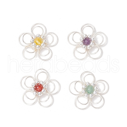 4Pcs 4 Styles Natural Amethyst & Quartz Crystal & Green Aventurine & Carnelian Round Copper Wire Wrapped Flower Pendants PALLOY-TA00259-1