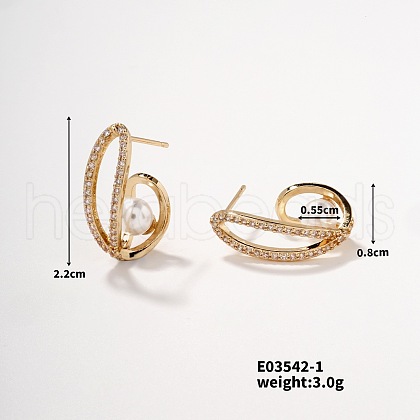 Mother's Day Jewellery Elegant Pearl and Copper Stud Earrings with Zircon Stones UR8130-1-1