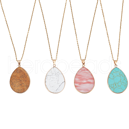 4Pcs 4 Style Natural & Synthetic Mixed Gemstone Teardrop Pendant Necklaces Set NJEW-AB00030-1